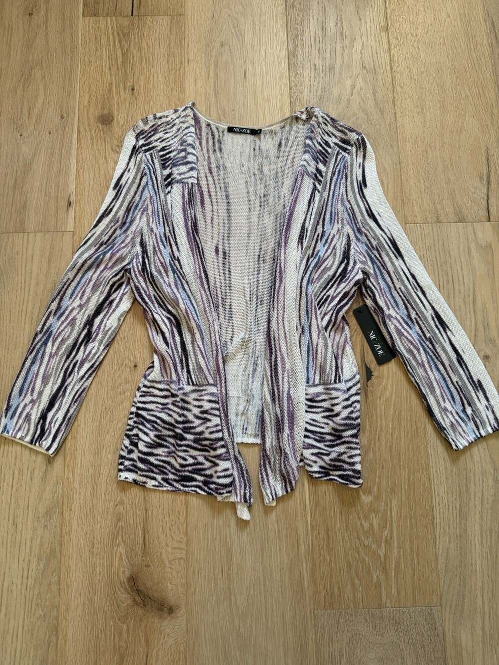 NWT! NIC+ZOE Linen Blend Multi Color M Cardigan Draped Semi Sheer Knit Boho Chic